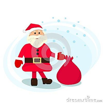 Santa Claus with a bag of gifts, New Year`s holiday Cartoon Illustration